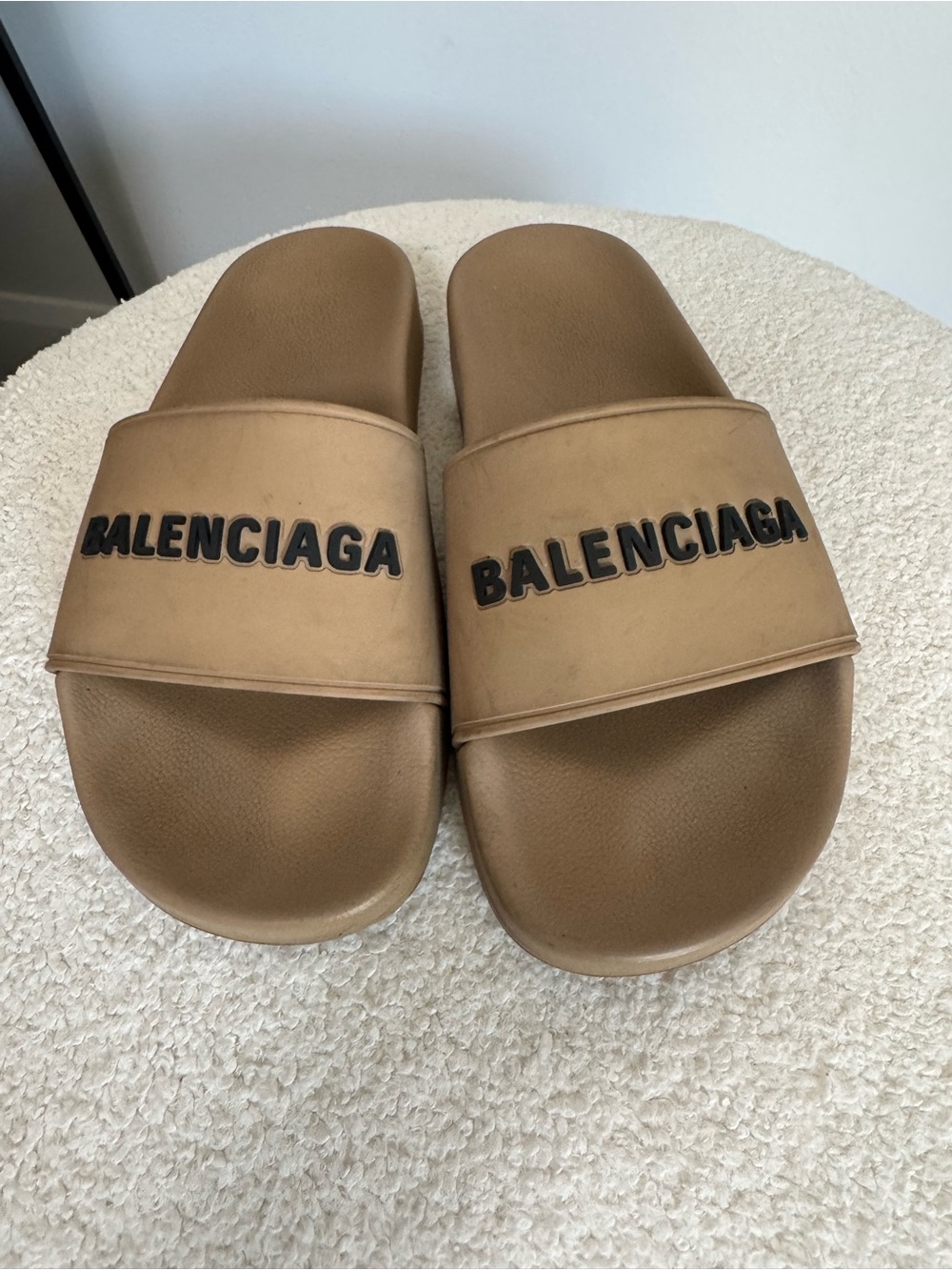 Balenciaga Tan Slide Sandals with Black Logo